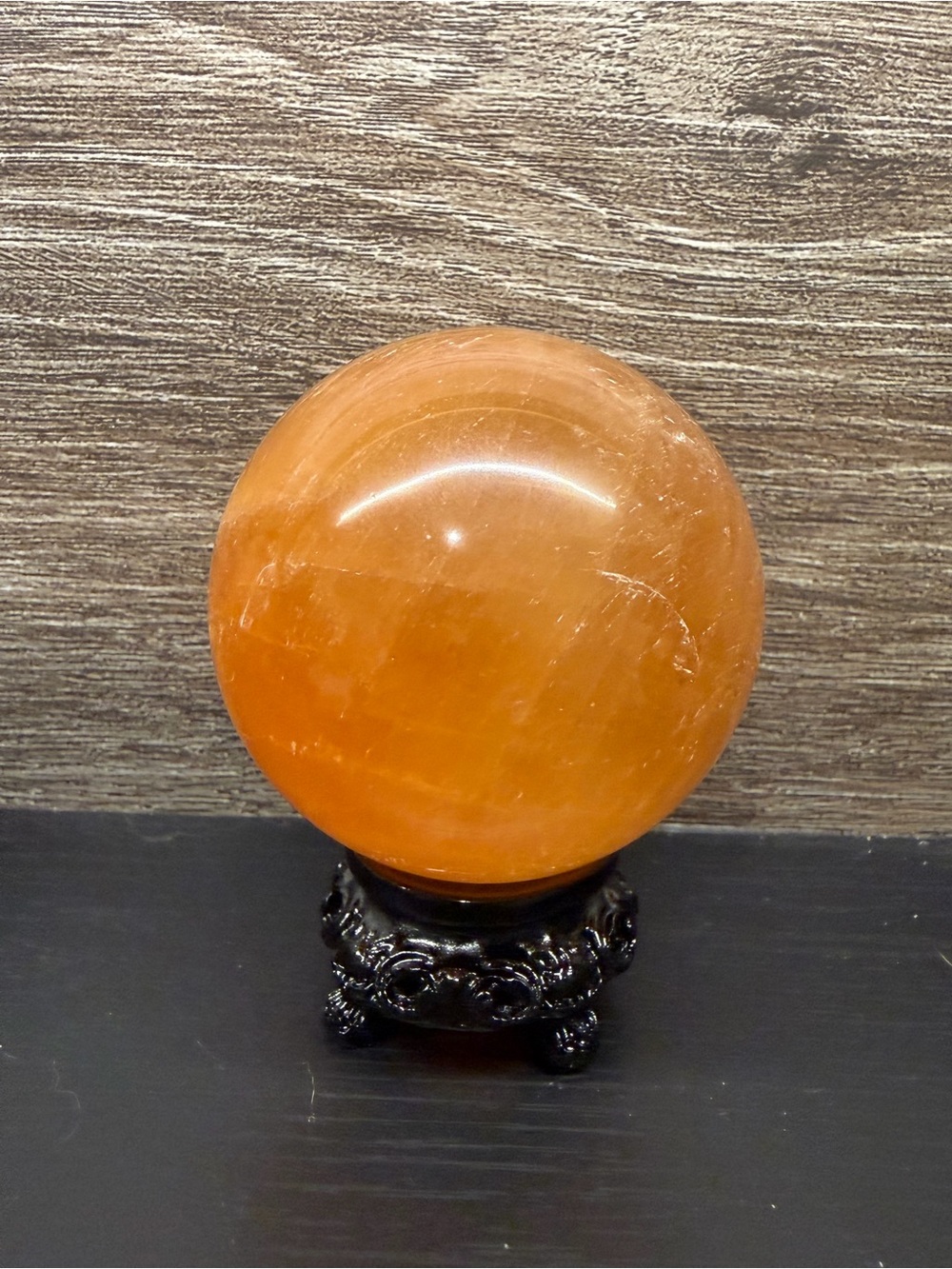 Yellow Calcite Crystal Sphere on Decorative Stand
